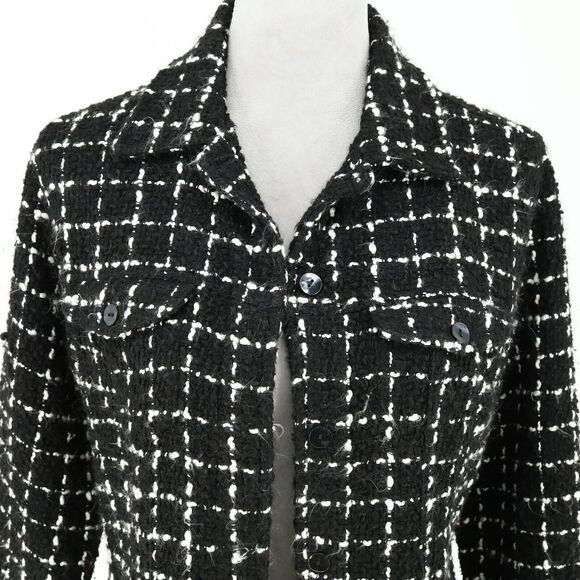 Chicos Jacket 1 Womens 8 Medium Black White Plaid Tweed Blazer Front Pockets - Picture 12 of 16